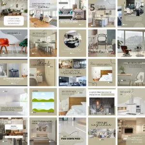 Grade de cartões com fotos de ambientes e frases sobre decoração e projetos.