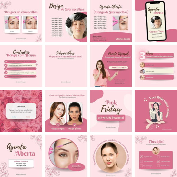 Pack Canva Design de Sobrancelhas Template Canva 70 Artes + Bônus