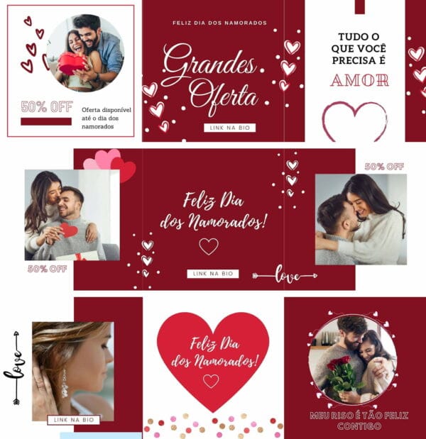 Pack Canva Dia dos Namorados Carrossel Template Canva 6 Artes + Bônus