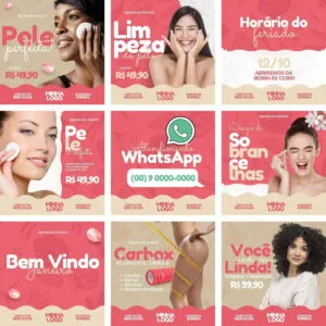 Grade de nove artes digitais sobre beleza, com mulheres, textos e temas de estética.