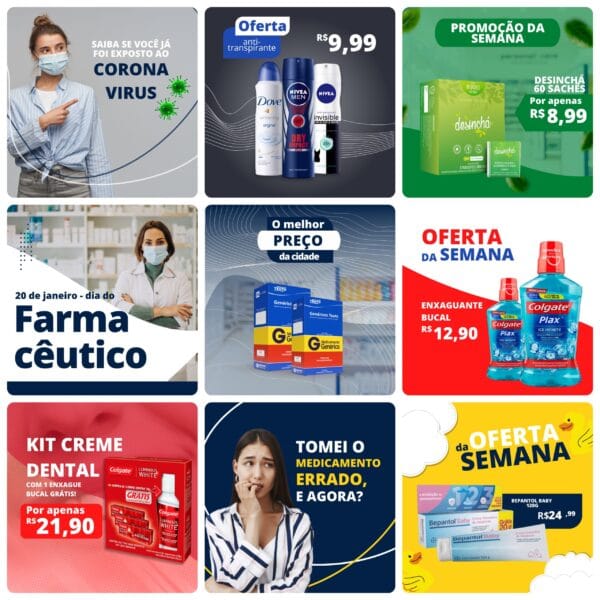 Pack Canva Farmácia Template Canva 50 Artes + Bônus