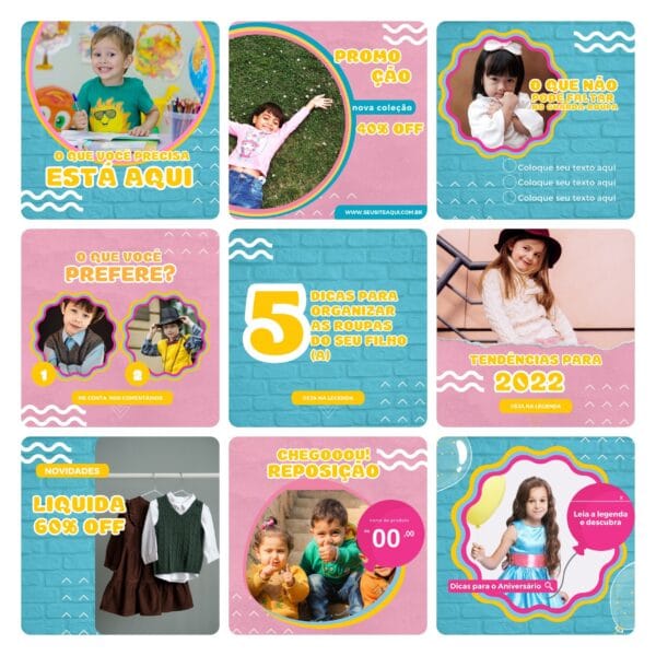 Pack Canva Loja de Roupa Infantil Kids Template Canva 30 Artes + Bônus