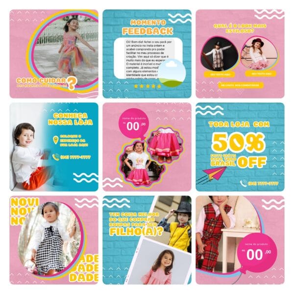Pack Canva Loja de Roupa Infantil Kids Template Canva 30 Artes + Bônus