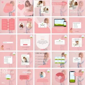 Grade de artes digitais cor-de-rosa com fotos de mães, bebês e textos.