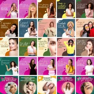 Colagem de 25 cartazes quadrados com mulheres e textos sobre sobrancelhas