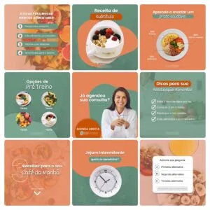 Grade de nove cartões com dicas de alimentação, receitas e jejum intermitente