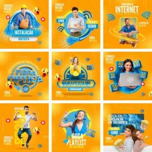 Colagem de nove peças digitais sobre planos de internet e fibra óptica