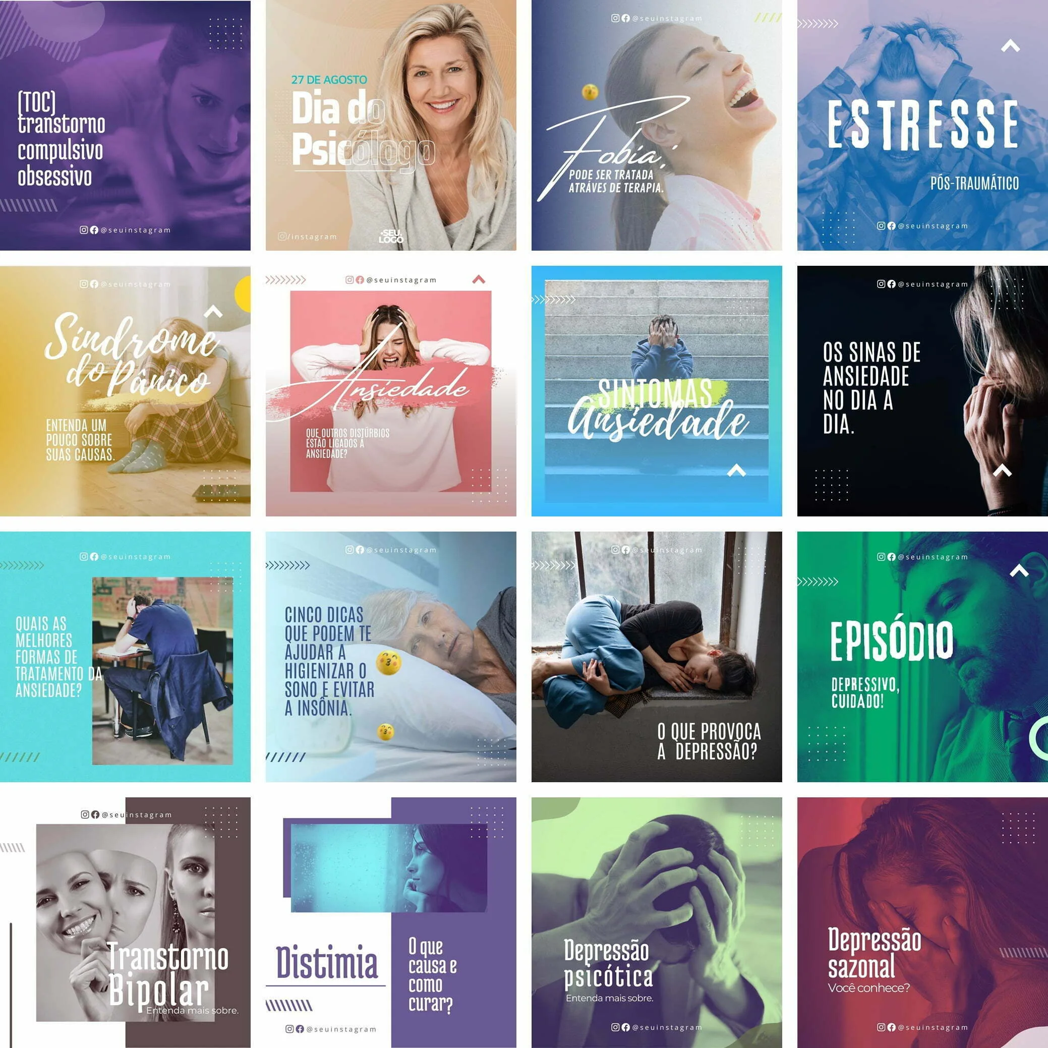 Grade de cartões digitais com fotos e textos sobre saúde mental