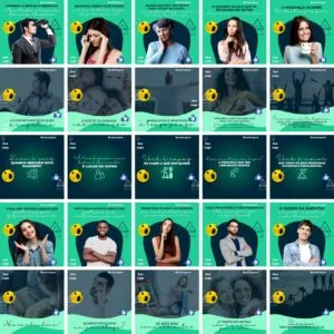 Mosaico de vinte modelos de posts com pessoas, textos em português e fundo verde