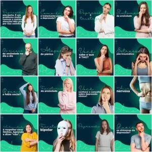 Colagem de 16 painéis com fotos de pessoas e textos sobre saúde mental.