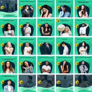 Colagem com 25 cartões quadrados, fundo verde, pessoas e frases em português.
