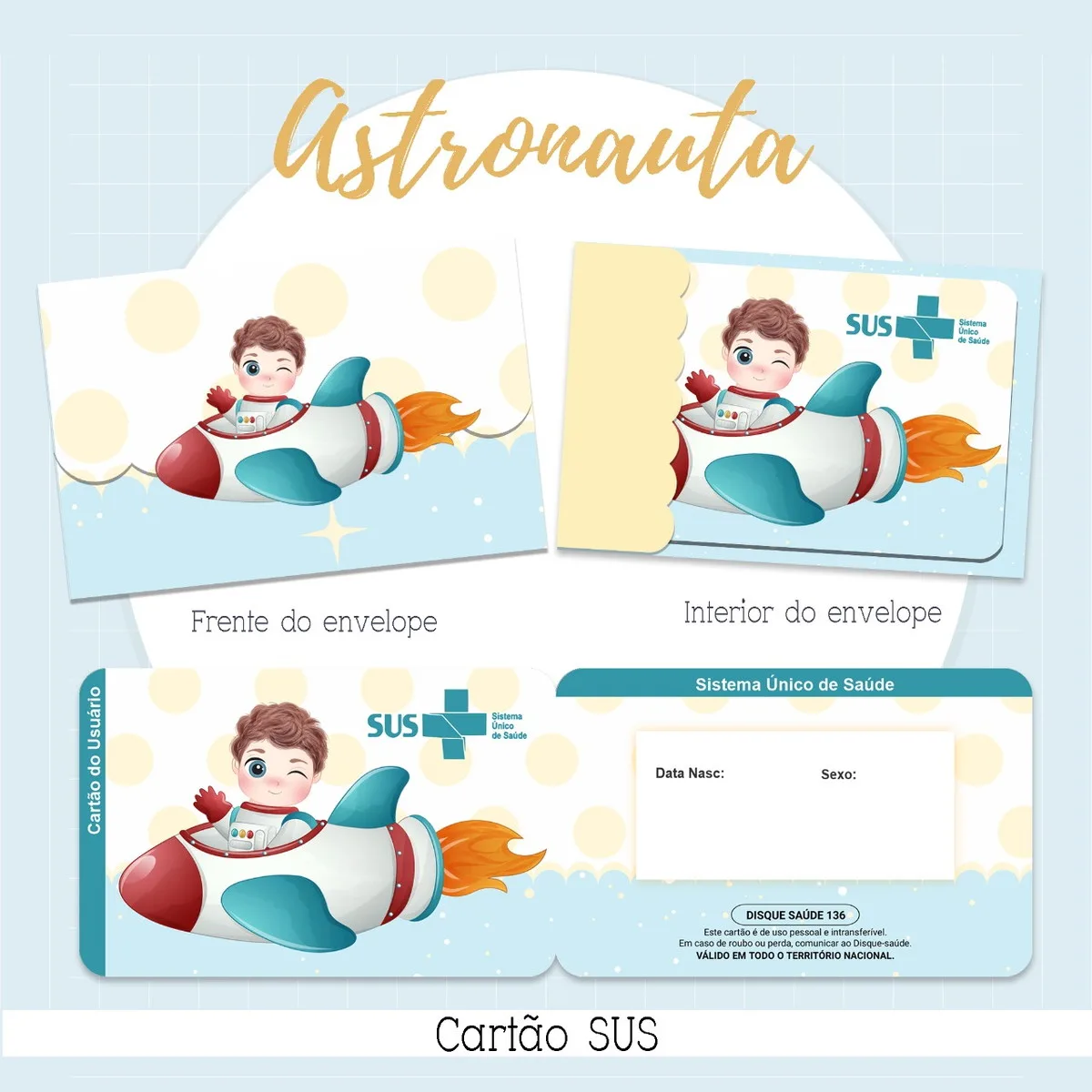 Ilustração de menino astronauta em foguete com envelope e cartão.