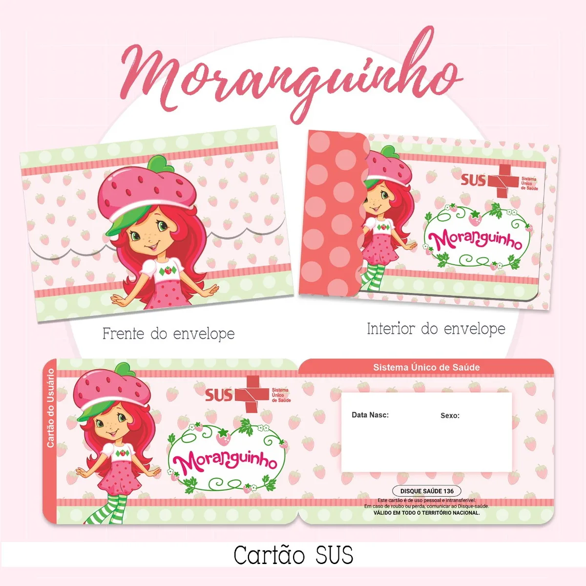 Ilustração de menina com chapéu de morango em envelope e cartão
