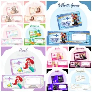 Pack Cartão Sus Meninos e Meninas 39 Cartões coloridos com temas infantis, sereia, dinossauros, arco-íris e animais.