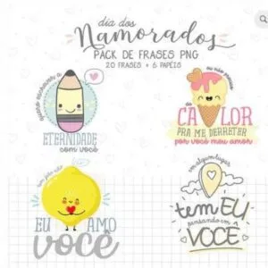 Ilustrações fofas com personagens animados e frases românticas em fundo branco com corações.