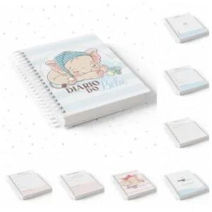 Pack Diário do Bebê 4 Caderno espiral com capa decorada com desenho de elefante dormindo em tons azuis.
