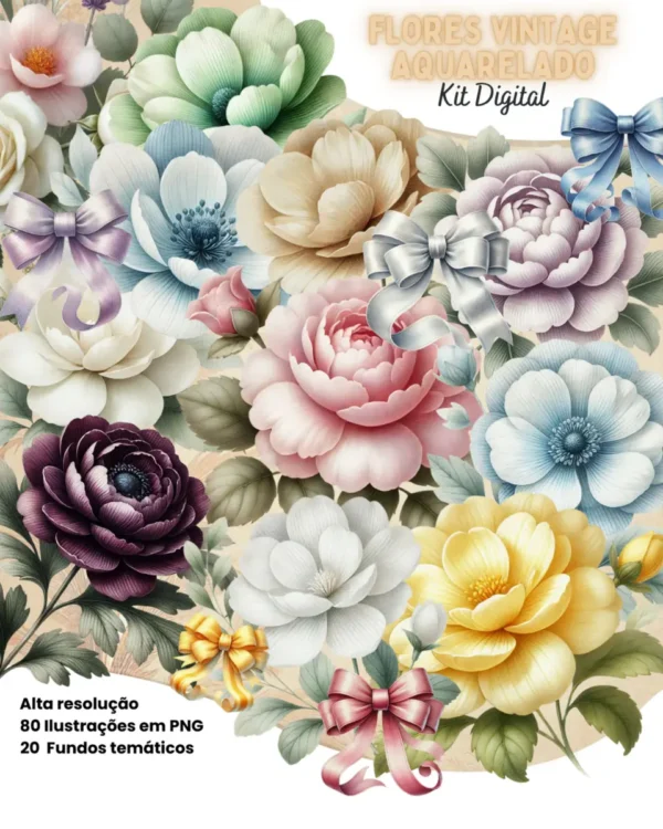 Pack Digital de Flores Vintage para Artesanato PNG