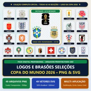 Coleção digital com vários escudos e brasões de seleções de futebol