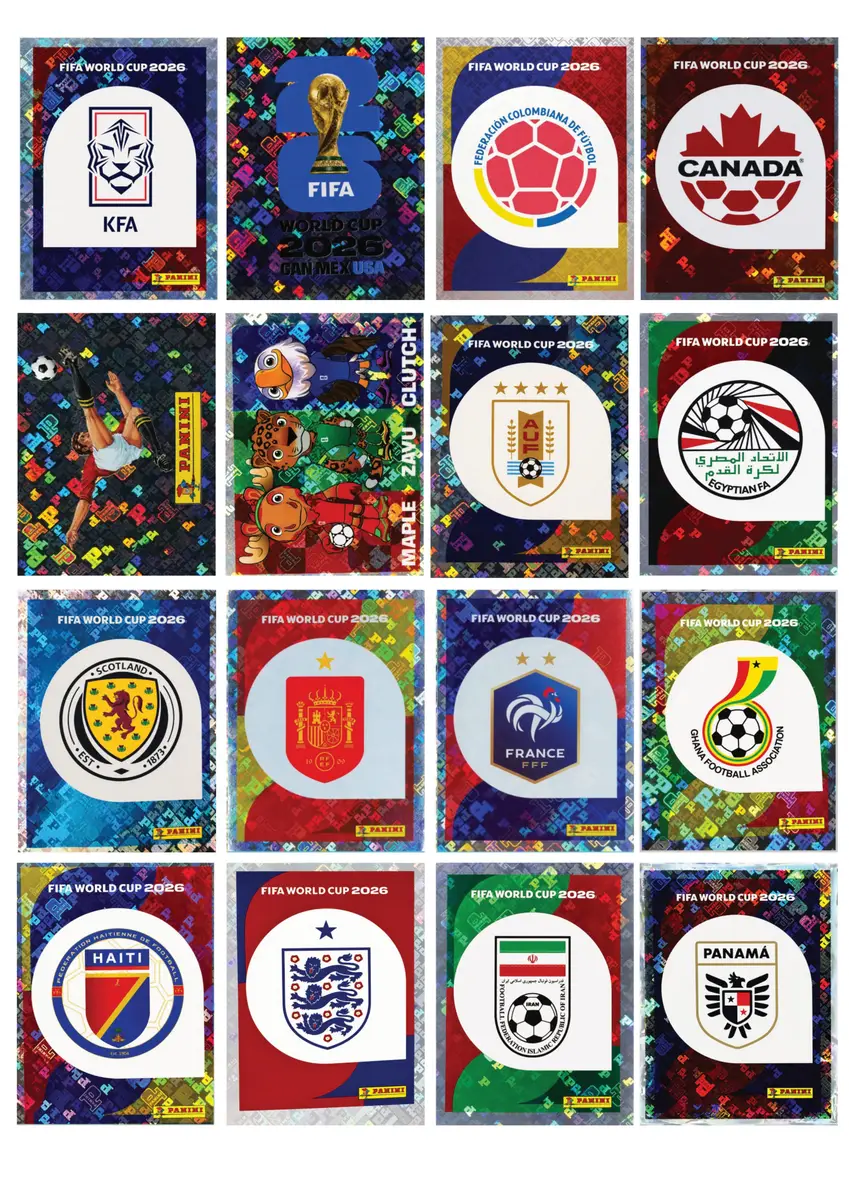PDF Figurinhas Copa 2026 Holográficas + FWC para Imprimir 3 Arquivos digitais de figurinhas Copa do Mundo 2026 com emblemas de países e mascotes.