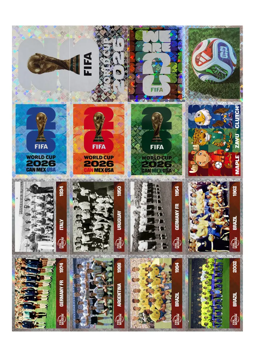 PDF Figurinhas Copa 2026 Holográficas + FWC para Imprimir 5 Coleção de artes digitais FIFA World Cup 2026 com troféu e bola.