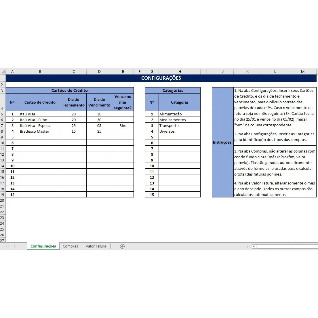 Planilha Controle De Gastos Com Cartão De Crédito 4 Planilha de configurações com tabelas de cartões, categorias e instruções