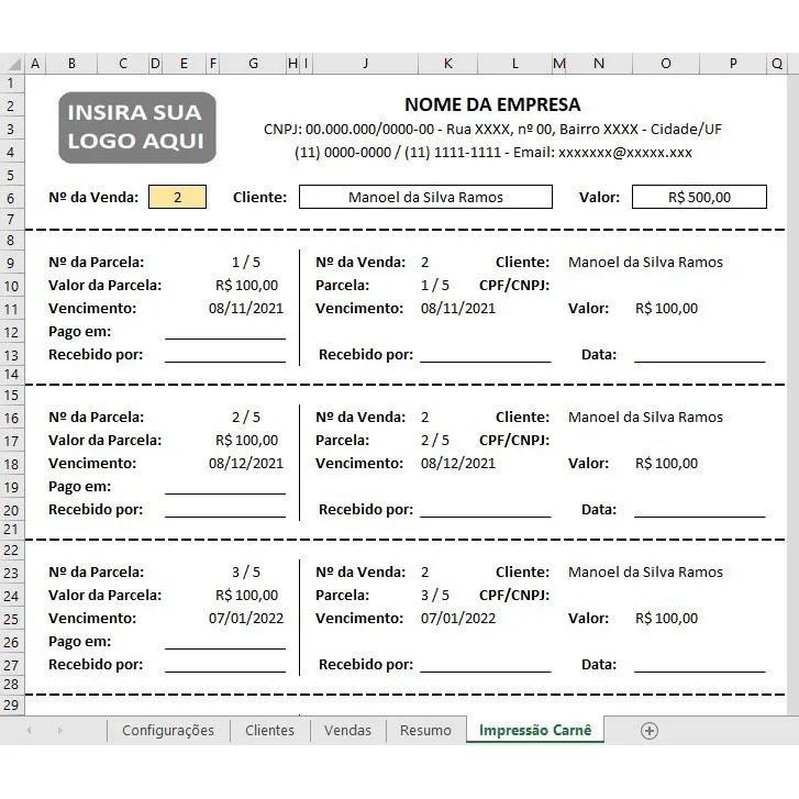 Planilha de carnê com três parcelas e campos para pagamento