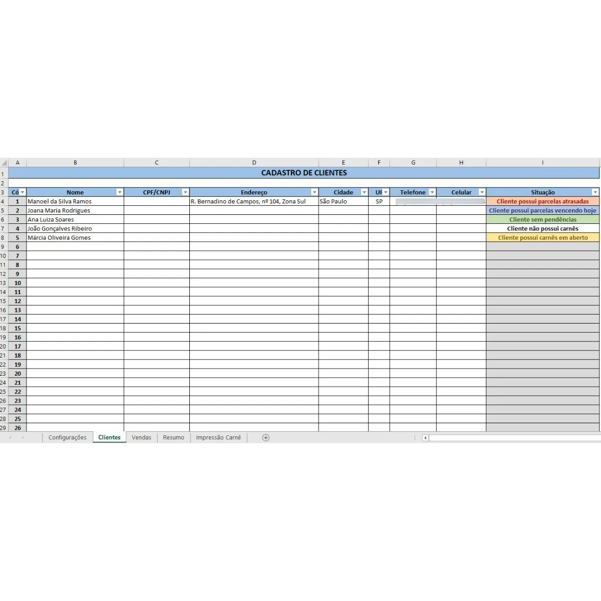 Planilha digital de cadastro de clientes com colunas e status coloridos