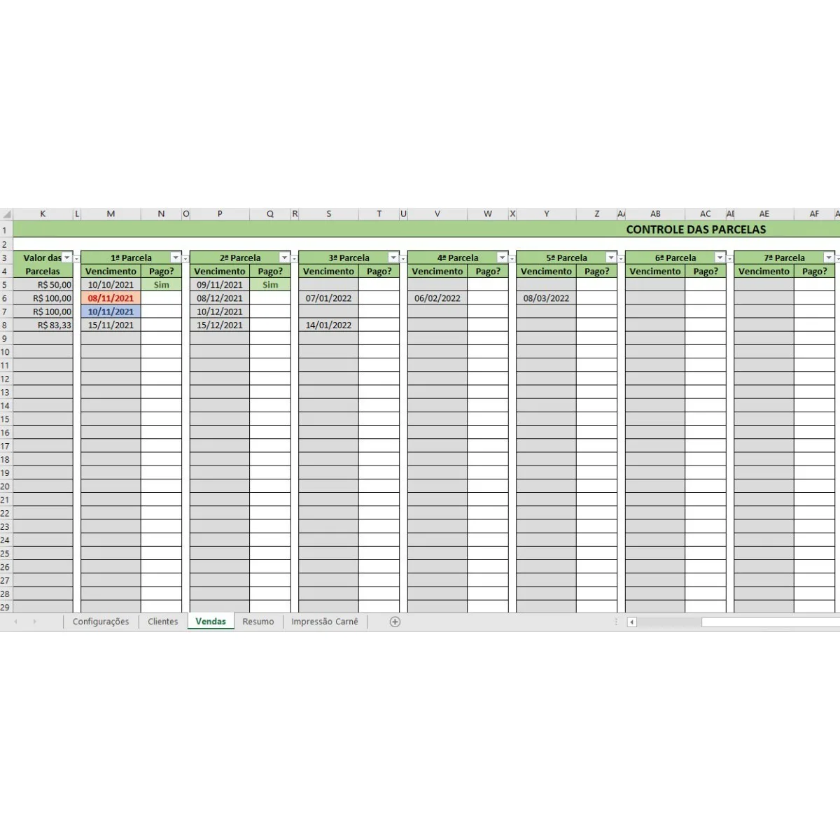 Planilha digital de controle de parcelas com vencimentos e status de pagamento.