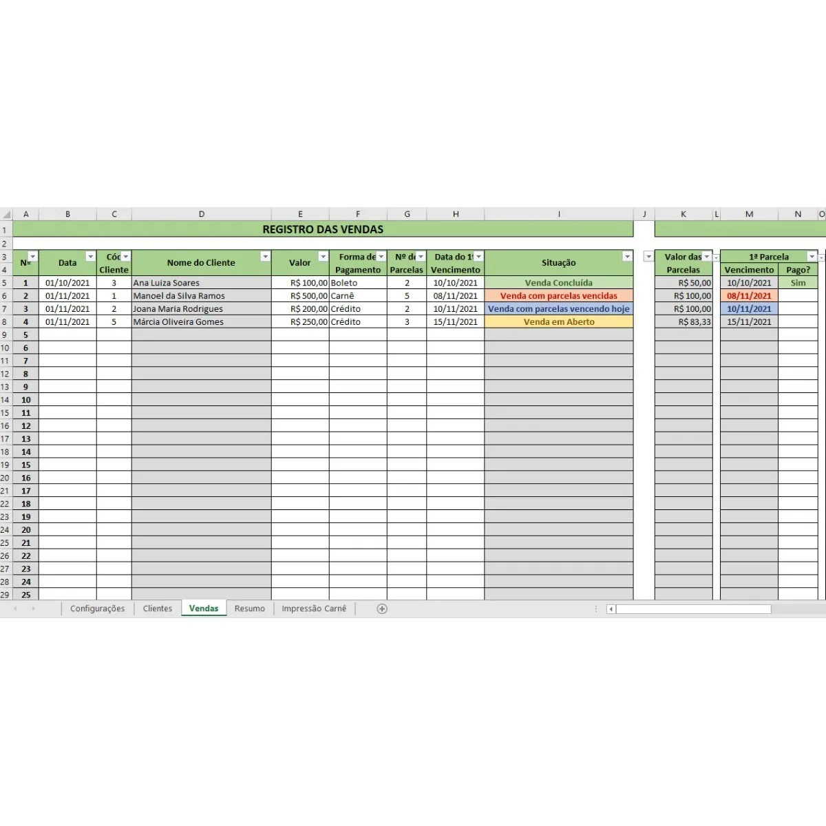 Planilha de registro de vendas com colunas de dados, valores, parcelas e situação.