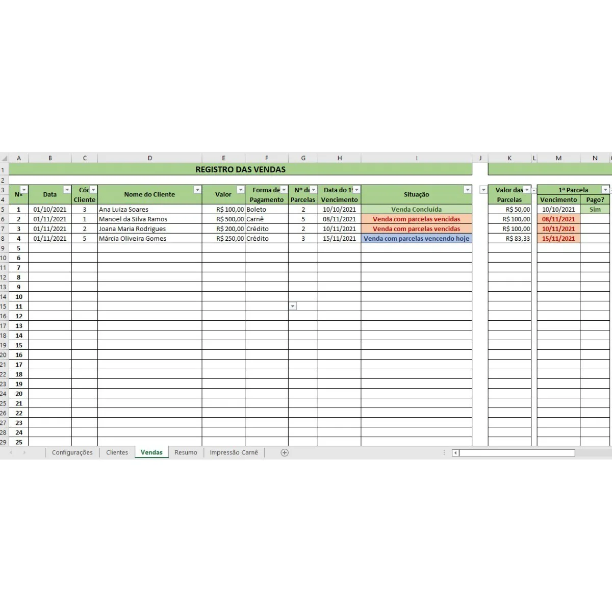 Planilha de registro de vendas com colunas de dados, valores, parcelas e situação.