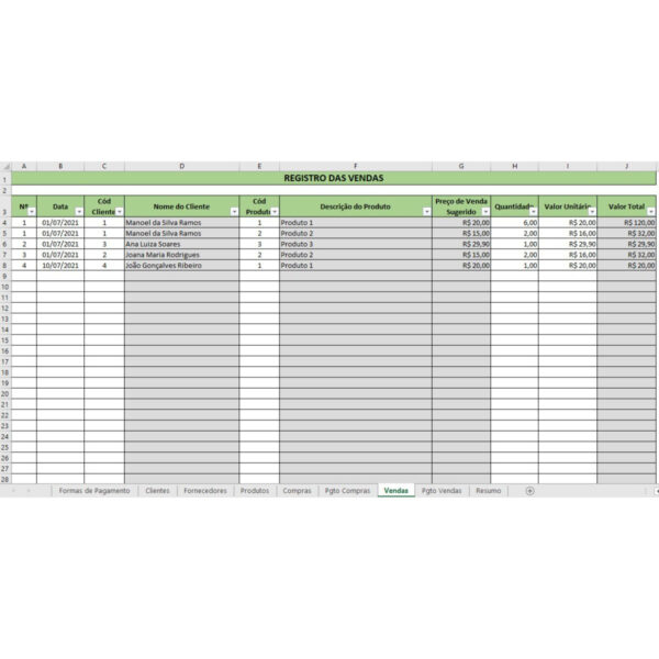 Planilha Controle De Vendas, Estoque, Compras E Pagamentos