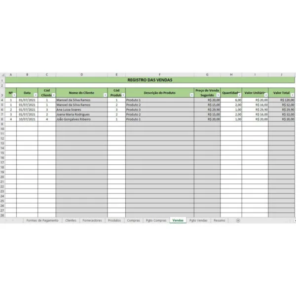 Planilha Controle De Vendas, Estoque, Compras E Pagamentos