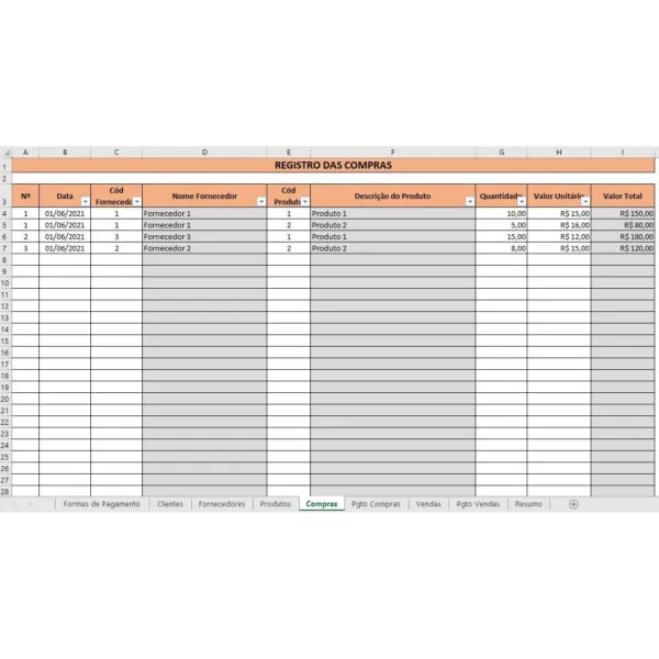 Planilha Controle De Vendas, Estoque, Compras E Pagamentos