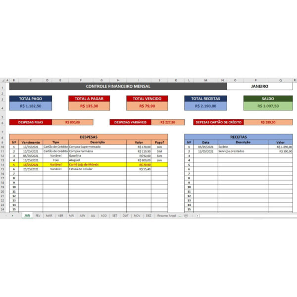 Planilha Controle Financeiro Pessoal Receitas e Despesas
