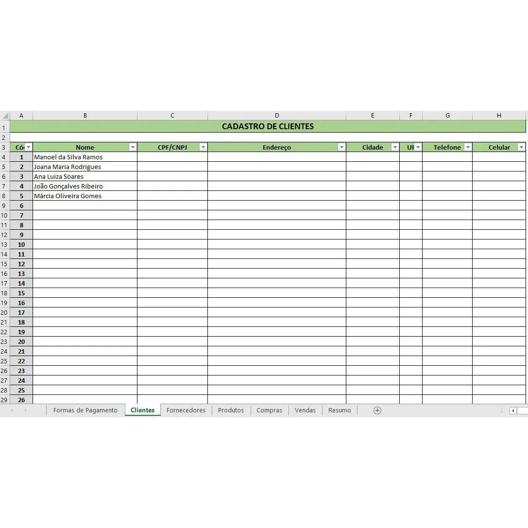 Planilha com tabela de cadastro de clientes e colunas de dados