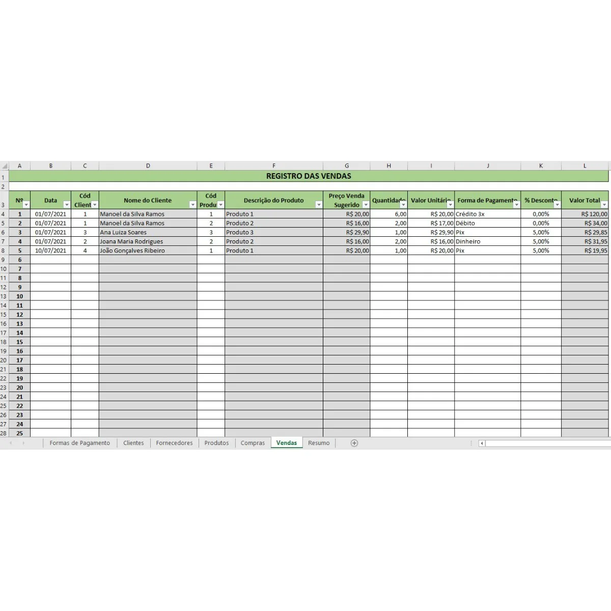 Planilha de registro de vendas com colunas de dados e abas inferiores
