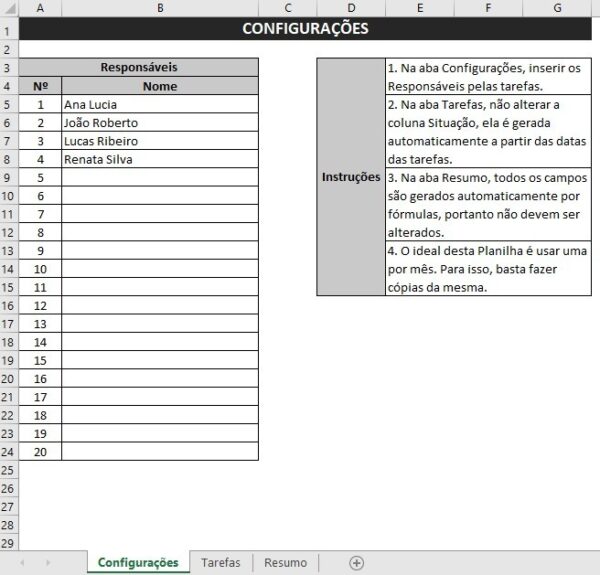 Planilha Para Controle De Tarefas Com Resumo por Responsável
