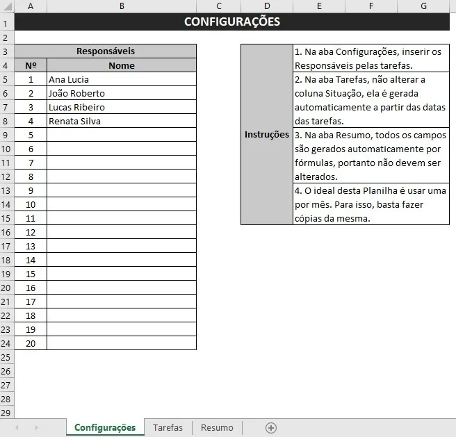 Planilha Para Controle De Tarefas Com Resumo por Responsável