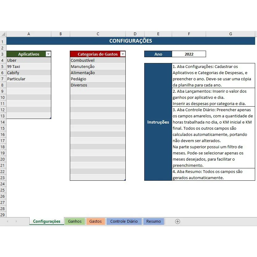 Planilha Para Motoristas De Aplicativo - Ganhos E Gastos 5 Planilha de configurações com listas de aplicativos, categorias de gastos, instruções e abas de navegação.