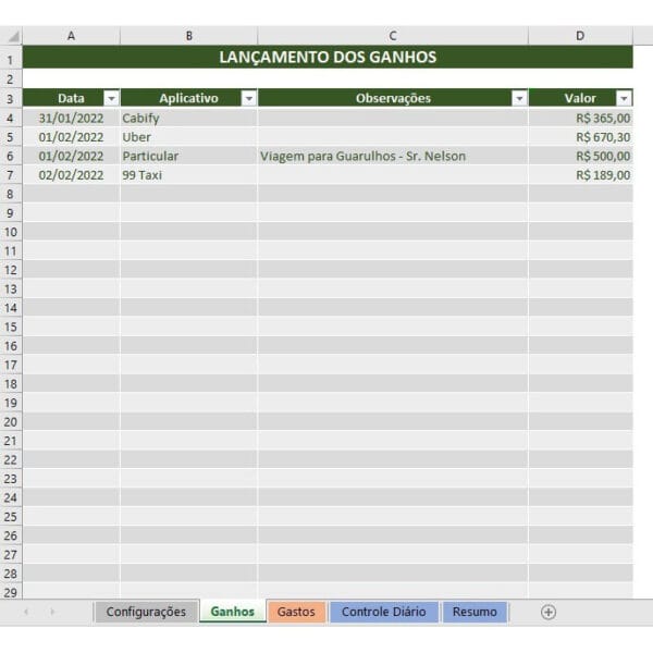 Planilha Para Motoristas De Aplicativo - Ganhos E Gastos