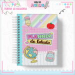 Capa digital de planner de estudo com ilustrações fofas e tema volta às aulas.