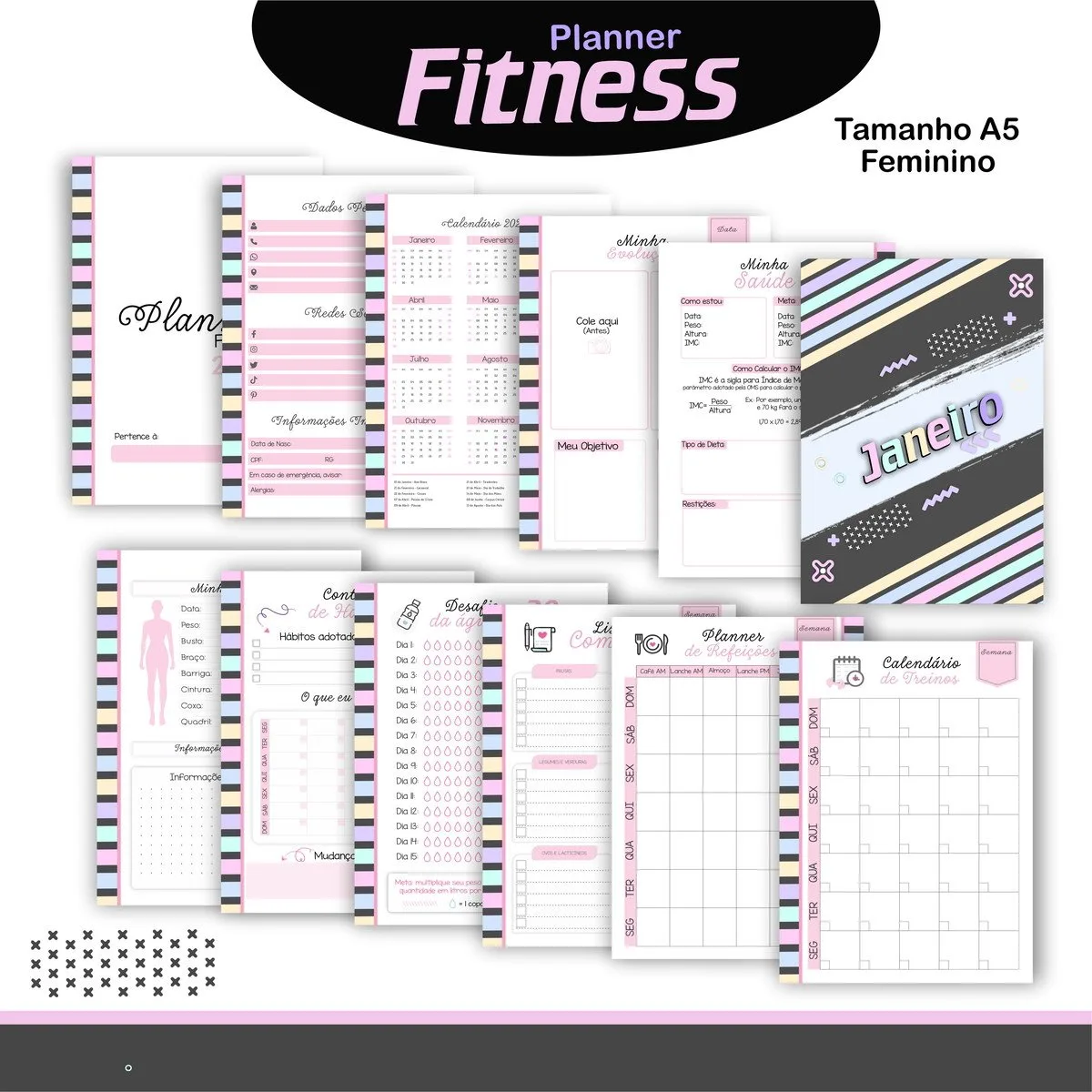 Planner Fitness Feminino Rosa e Preto 2 Planner Fitness Feminino Rosa e Preto