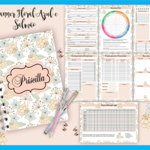 Planner Floral Azul e Salmão - Arquivo Digital