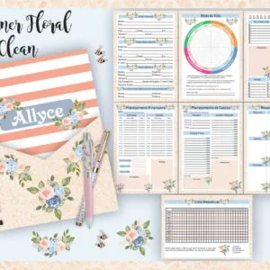 Planner Floral Clean 7 Apresentação visual de páginas organizadas de um planejador digital com tema floral.