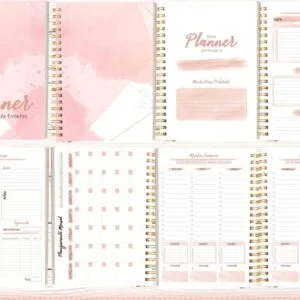 Várias páginas de um planejador espiralado com detalhes em tons pastel de rosa.