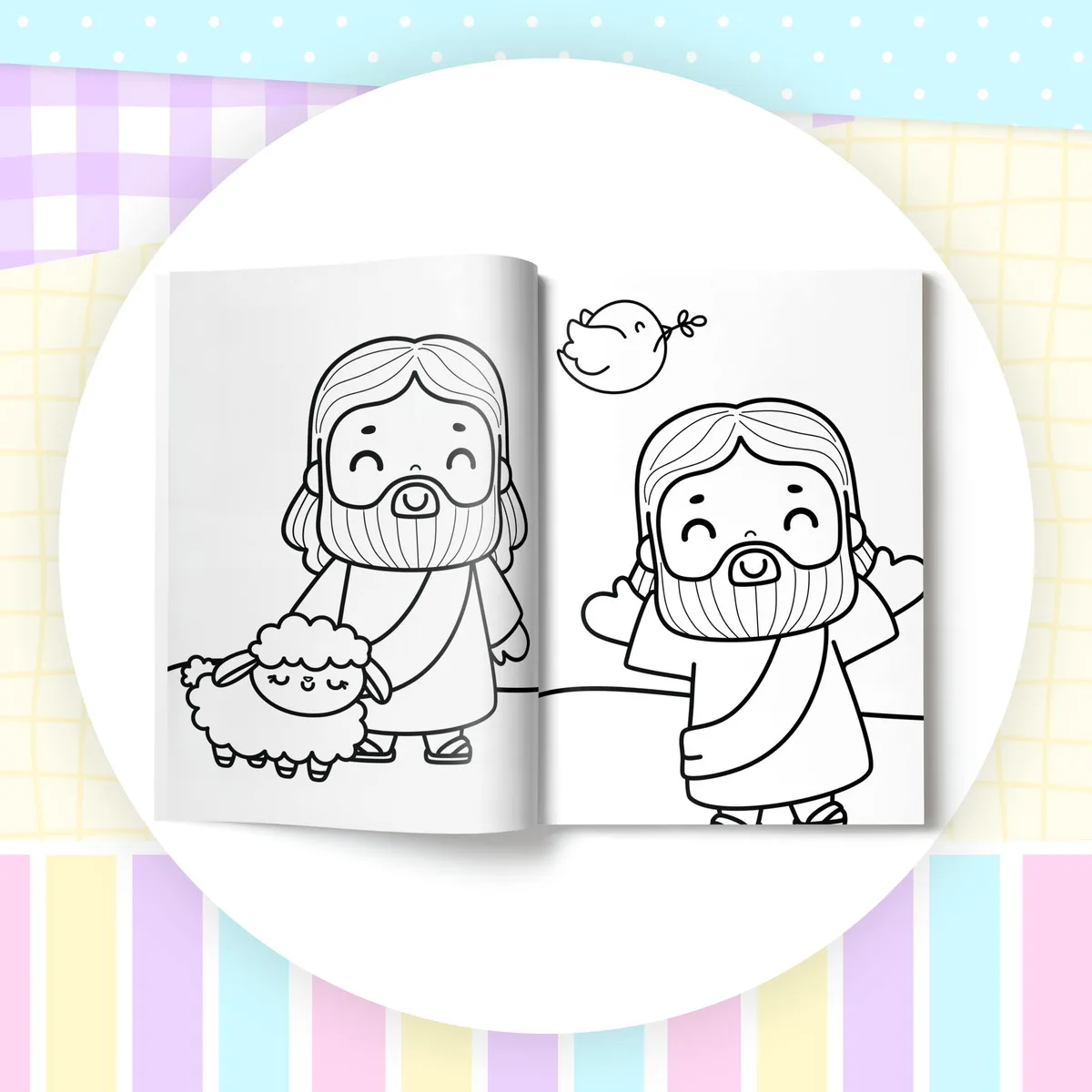 Livro aberto com páginas de colorir de figura com barba e animais.