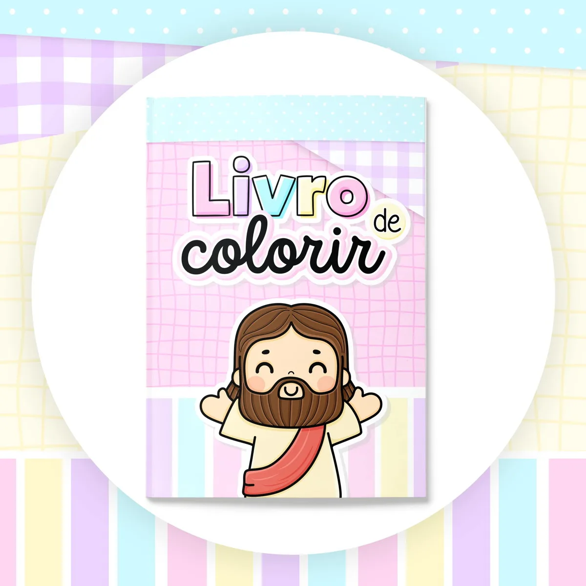 Capa digital de livro de colorir com figura sorridente e padrões pastel no fundo rosa.