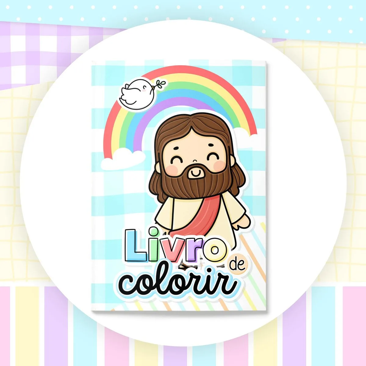 Capa de livro de colorir digital com figura religiosa, arco-íris e pomba.