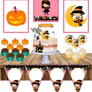 Só um bolinho Bruxinha 11 Kit de festa temático de Halloween com bolo, doces e decorações em tons de rosa e laranja