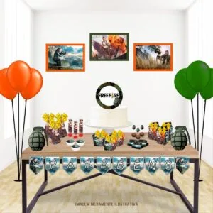 Decoração de mesa temática com balões laranjas e verdes em fundo branco